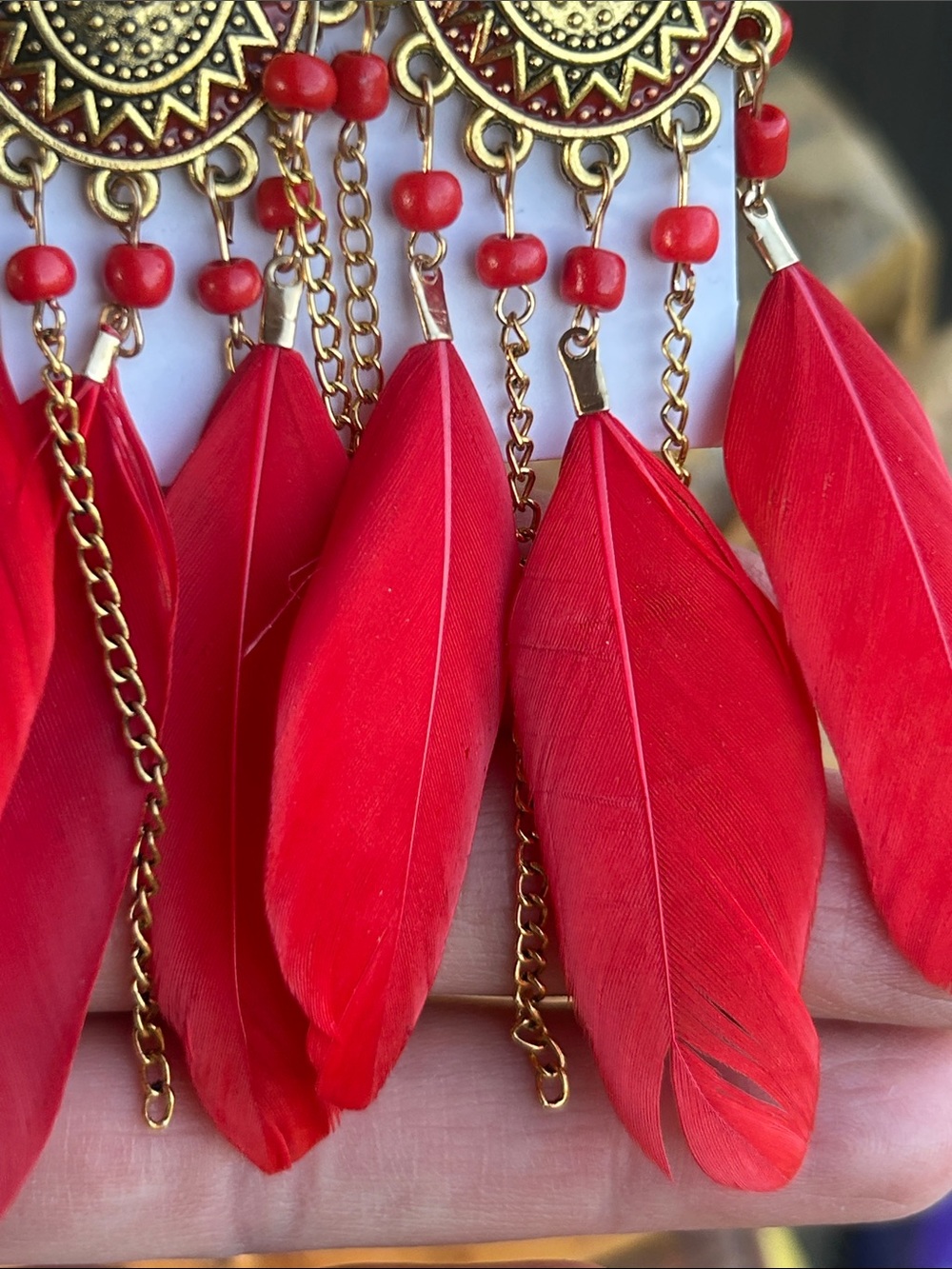 Red Feather Drop Earrings with Gold Medallions - Picture 6 of 8